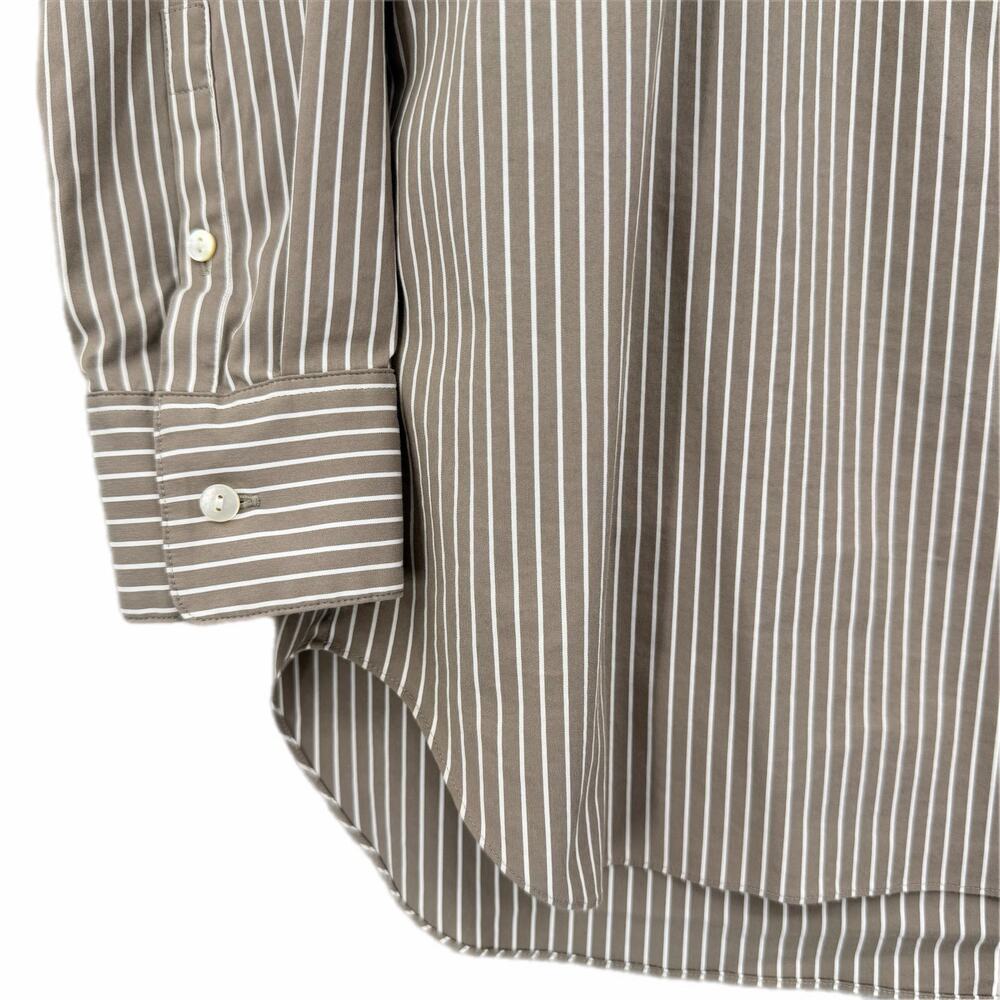 Theory Beige & White Vertical Striped Half Button Down Round Neck Cotton Blouse - Picture 6 of 12